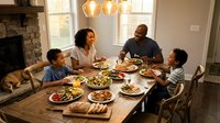 Happy African American family enjoying dinner together at wooden dining table in modern home with warm lighting and cozy atmosphere.