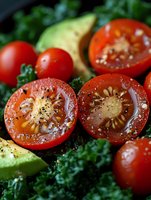 Fresh sliced tomatoes with black pepper and avocado on dark green kale background, macro shot showing juicy texture and seeds in natural lighting.