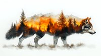 Double exposure wolf silhouette blending with misty mountain forest landscape and dramatic orange sunset, artistic nature composition on white background.