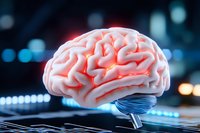 Glowing brain model on circuit board with blue bokeh background illustrates artificial intelligence and neural network concepts in modern technology.