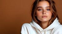 Young Caucasian woman with natural makeup and brown hair wearing white hoodie against brown background, looking at camera with confident expression.
