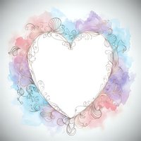 Watercolor heart frame with ornate floral swirls in pastel colors on white background for romantic designs, wedding invitations and greeting cards.