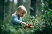 Young blonde girl in blue sweater picking wild berries in forest. Childhood connection with nature during summer harvest season.
