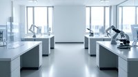 Modern laboratory interior with microscopes and scientific equipment on white workbenches. Clean research facility with large windows and natural light.