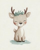 Cute watercolor baby deer with antlers and eucalyptus leaves sitting on neutral background for nursery decor and children's room wall art.