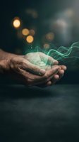 Elderly hands holding glowing digital network sphere with green light trails and bokeh background for technology and innovation concepts.