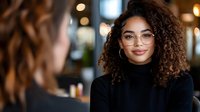 Young mixed-race woman with curly hair and glasses smiling during conversation in cozy cafe with bokeh background. Professional networking atmosphere.