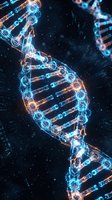 Glowing DNA double helix structure with blue and orange neon lights on dark background, representing genetic research, biotechnology, and scientific innovation for medical and educational purposes.