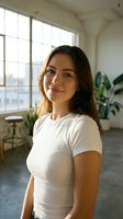 Young Hispanic woman in white t-shirt smiling confidently in bright modern loft apartment with large windows and plants for lifestyle content.
