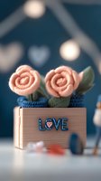 Pink yarn roses in wooden box with love text on navy blue background with bokeh lights, romantic valentines day composition for greeting cards.