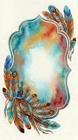 Watercolor boho frame with colorful peacock feathers and decorative bird, teal orange red tones, copy space for text or design.