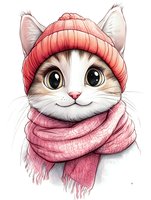 Adorable cartoon cat wearing pink winter beanie hat and cozy scarf, with big expressive eyes and sweet smile. Artistic illustration on white background for greeting cards.