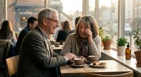 Happy senior couple enjoying coffee date in cozy cafe with warm natural lighting and casual atmosphere for retirement lifestyle content.
