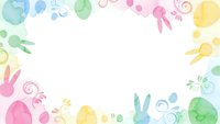 Watercolor Easter frame with pastel bunnies, eggs and swirls on white background. Spring holiday border design for greeting cards and decorations.