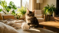 Tabby cat sitting on bed with toy in sunny bedroom surrounded by potted plants and natural light for home decor and pet lifestyle content.