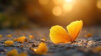 Delicate yellow butterfly resting on ground at golden sunset, surrounded by fallen petals in warm atmospheric light.