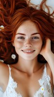 Young redhead woman with freckles lying down smiling with daisies in flowing hair wearing white lace top for natural beauty and skincare concepts.