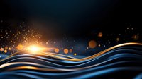 Abstract dark background with glowing golden wave and light sparkles, flowing dynamic curves in blue and black with magical bokeh effect and bright illumination.
