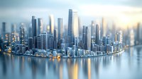 Modern curved cityscape with glass skyscrapers and office buildings reflected in calm water during sunset, creating futuristic urban panorama with soft focus effect.