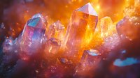 Magical crystal formation glowing with orange and pink light against dark background, mystical mineral structure with transparent quartz points and ethereal bokeh effect.