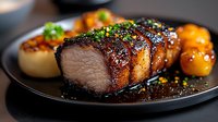 Juicy glazed pork belly with crispy skin served on black plate with caramelized baby potatoes and green herb garnish, close up view of gourmet Asian fusion dish.