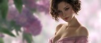 Young woman with curly dark hair in pink off-shoulder dress against soft floral background with lilac blooms, romantic spring portrait with gentle natural lighting.