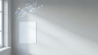 Minimalist white interior with blank canvas frame and floating network connections in bright sunlight for modern office or gallery space design.