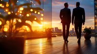 Silhouettes of two businessmen walking together at sunset with city skyline and bokeh lights, reflecting modern corporate partnership and success story.