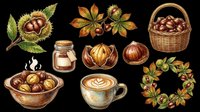 Autumn chestnut clipart set with bowl, coffee cup, basket, wreath, and jar, isolated on transparent background, ready for T-shirts, stickers, and print on demand.