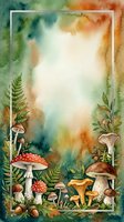 Watercolor forest frame with mushrooms, ferns and foliage on colorful background. Natural botanical border for invitations, cards and seasonal designs.