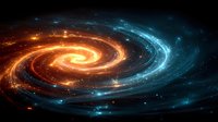 Spiral galaxy with glowing orange and blue cosmic dust clouds, stars and nebula formations creating swirling patterns in deep space astronomy visualization.