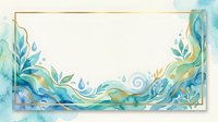 Watercolor botanical frame with flowing blue and green leaves, swirling water elements, and gold border on cream background. Isolated design for invitations, cards, and web graphics.
