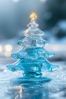 Crystal clear glass Christmas tree ornament with golden star topper against blurred winter background, sparkling with light and reflections on icy blue surface.