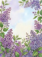 Lilac flowers with green foliage frame a soft pastel background, creating an isolated botanical border design suitable for invitations, greeting cards, and decorative projects.