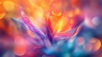 Magical glowing flower petals in vibrant orange, pink and purple colors with blurred bokeh lights creating dreamy atmospheric background effect.
