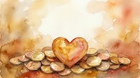 Golden heart surrounded by coins in warm watercolor style representing love for money, wealth attraction, financial success and prosperity mindset.