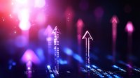 Glowing neon arrows pointing upward against dark background with pink and purple bokeh lights, digital business growth concept visualization.