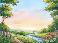 Watercolor spring landscape with river, wildflowers, lupines, poppies, and lush green trees under a pastel sunset sky.