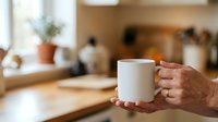 Close-up of male hands holding blank white mug in modern kitchen with blurred background, suitable for branding, mockups, and beverage marketing campaigns.