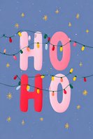 Festive Ho Ho Ho text with colorful string lights on blue starry background, perfect for holiday greeting cards and seasonal designs.