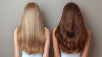 Young women with long straight blonde and wavy brown hair shown from behind, demonstrating different hair textures and colors for beauty salon or haircare advertising.