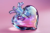 Iridescent glass heart with crown-like top detail glows with pink and blue hues against soft pink background, creating magical romantic atmosphere.