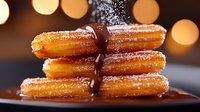 Stack of fresh churros dusted with powdered sugar and drizzled with dark chocolate sauce against blurred warm bokeh lights background, close up food photography.
