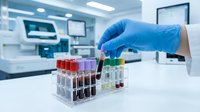 Lab technician in blue gloves handling colorful blood sample tubes in a rack, modern clinical laboratory equipment in background.