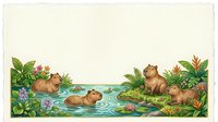 Capybaras swimming and resting in water surrounded by tropical vegetation and flowering plants, isolated on cream background, suitable for children's books, educational materials, and design projects.
