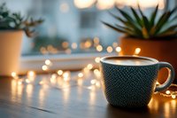 Cozy ceramic mug with warm fairy lights and houseplants creating peaceful morning atmosphere for relaxation and comfort at home.