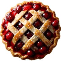 Homemade cherry pie with golden lattice crust and flaky pastry edges on white background. Fresh baked dessert for holidays and celebrations.