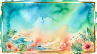 Tropical coastal landscape with sailboats, hibiscus flowers, and palm fronds in watercolor style. Sunset ocean scene with warm and cool tones blending seamlessly.