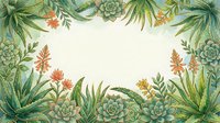 Watercolor botanical frame with succulents, aloe, and orange wildflowers on white background, ready for text or design use.