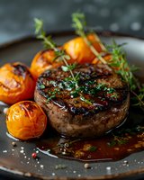 Juicy grilled beef steak with roasted cherry tomatoes and fresh thyme on dark plate, glazed with sauce and seasoned with pink peppercorns. Restaurant food styling.